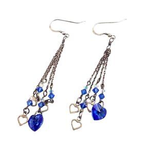 Sterling 925 Earrings 3" Silver AB Crystal Long Chandelier Heart Love Boho VTG